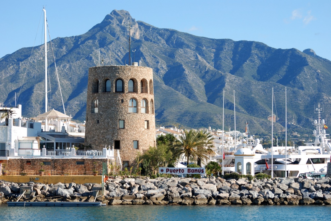 'Harbour entrance with the watchtower to the left and La Concha mountain to the rear, Puerto Banus, Marbella, Costa del Sol, Malaga Province, Andalusia, Spain, Western Europe.' - Andalusia